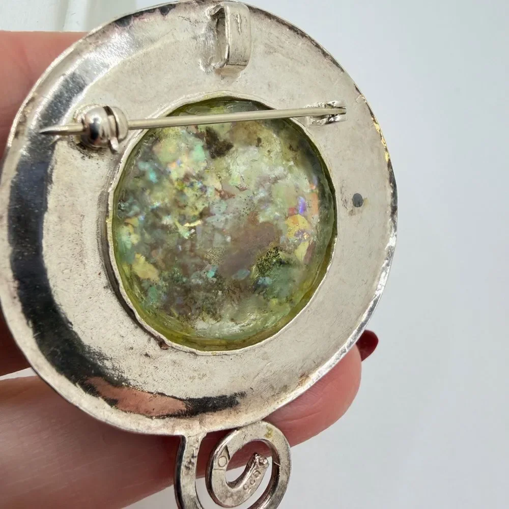 Amazing, Israel made sterling silver Roman Glass, Blue Topaz Pin/Brooch/Pendant!